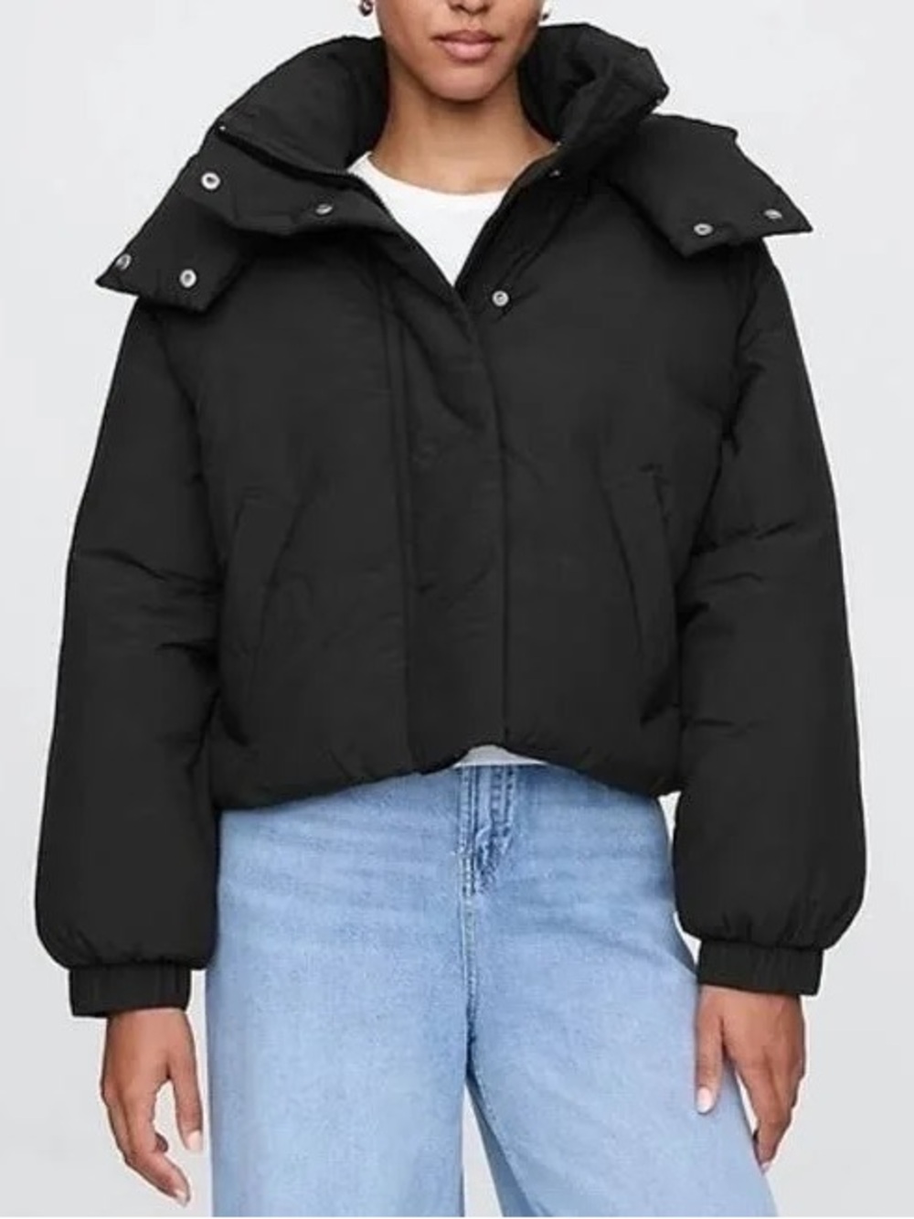GAP Black Cropped Puffer Jacket with High Collar